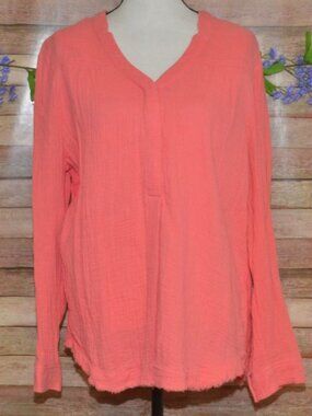 MARLED ESSENTIALS Cotton Gauze Coral Long Sleeve Top Raw Hem Pleated Size XL